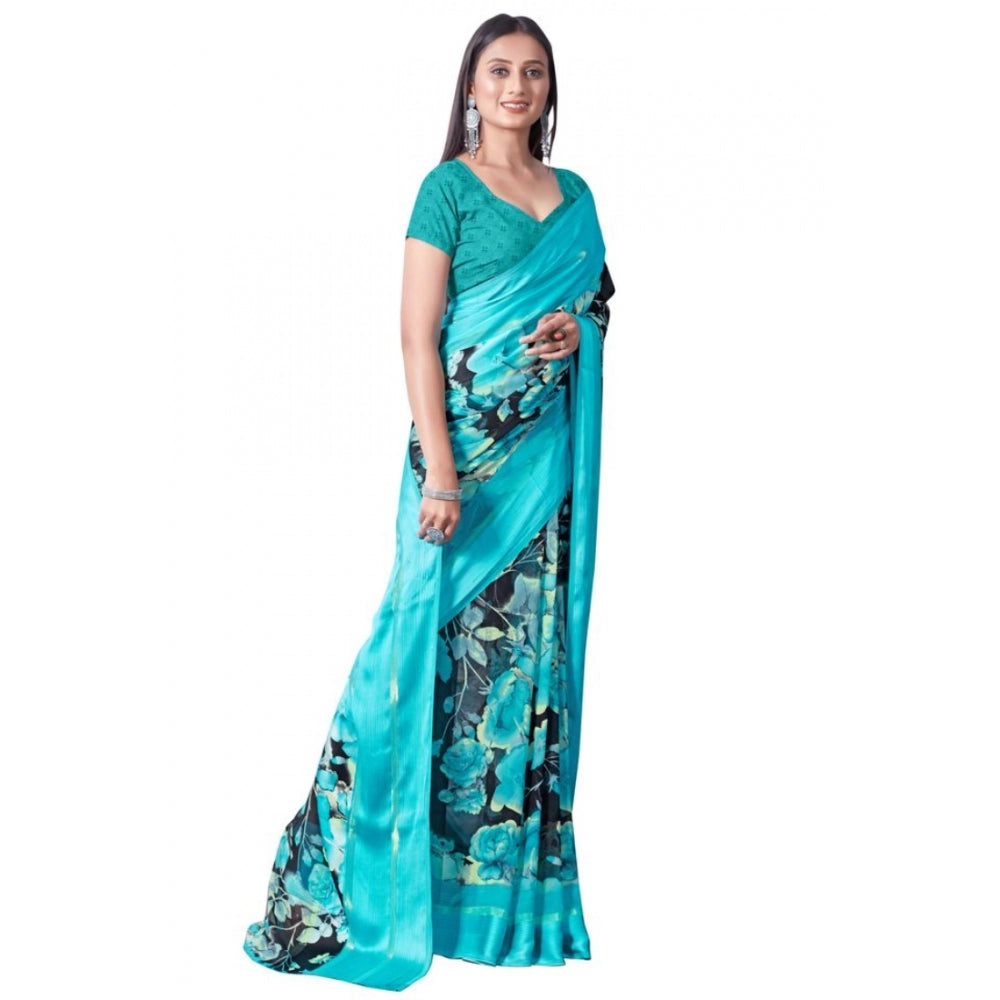 Clasymist Women's Sattin Patta Printed Saree With Unstitched Blouse (Blue, 5-5 Mtrs)