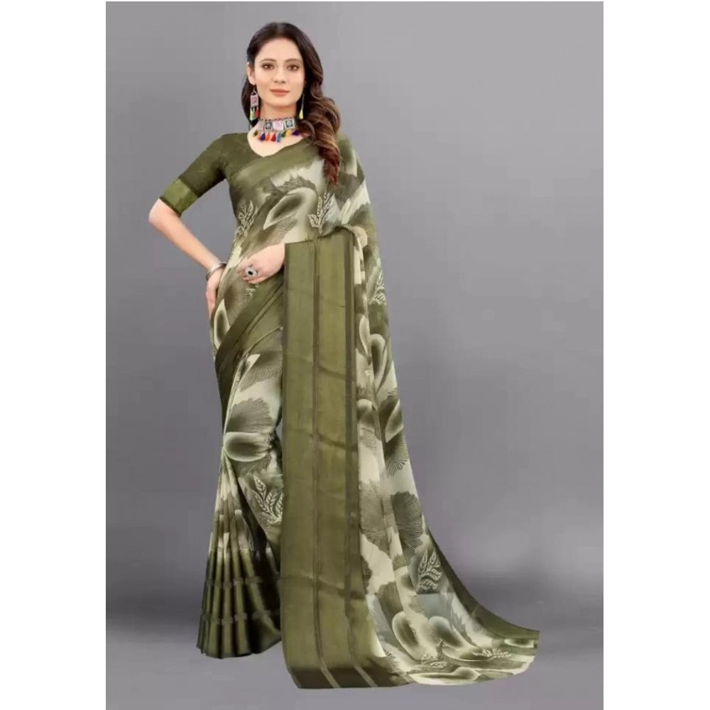 Clasymist Women's Sattin Patta Printed Saree With Unstitched Blouse (Olive, 5-5 Mtrs)