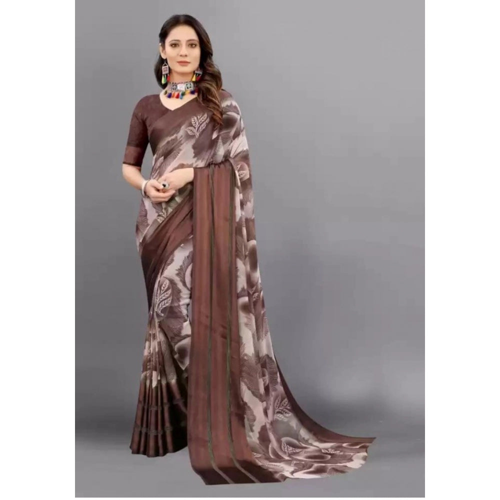 Clasymist Women's Sattin Patta Printed Saree With Unstitched Blouse (Brown, 5-5 Mtrs)