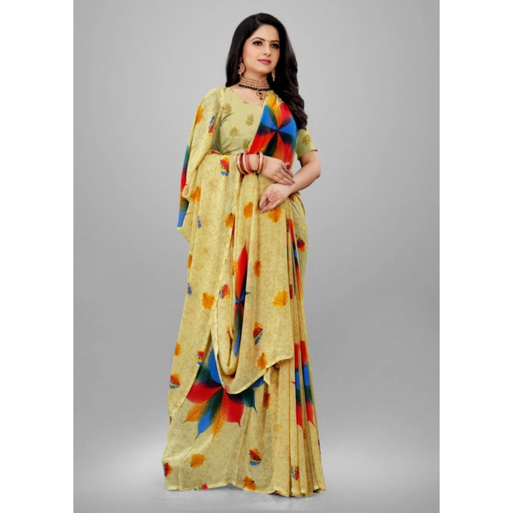 Clasymist Women's Georgette Printed Saree With Unstitched Blouse (Mustard, 5-5 Mtrs)