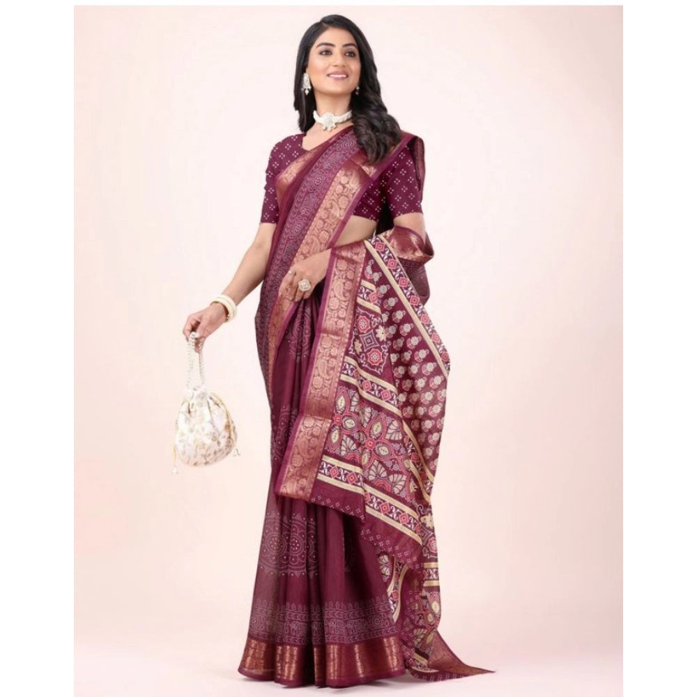 Clasymist Women's Cotton Printed Saree With Unstitched Blouse (Maroon, 5-5 Mtrs)