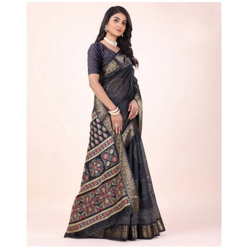 Clasymist Women's Cotton Printed Saree With Unstitched Blouse (Black, 5-5 Mtrs)