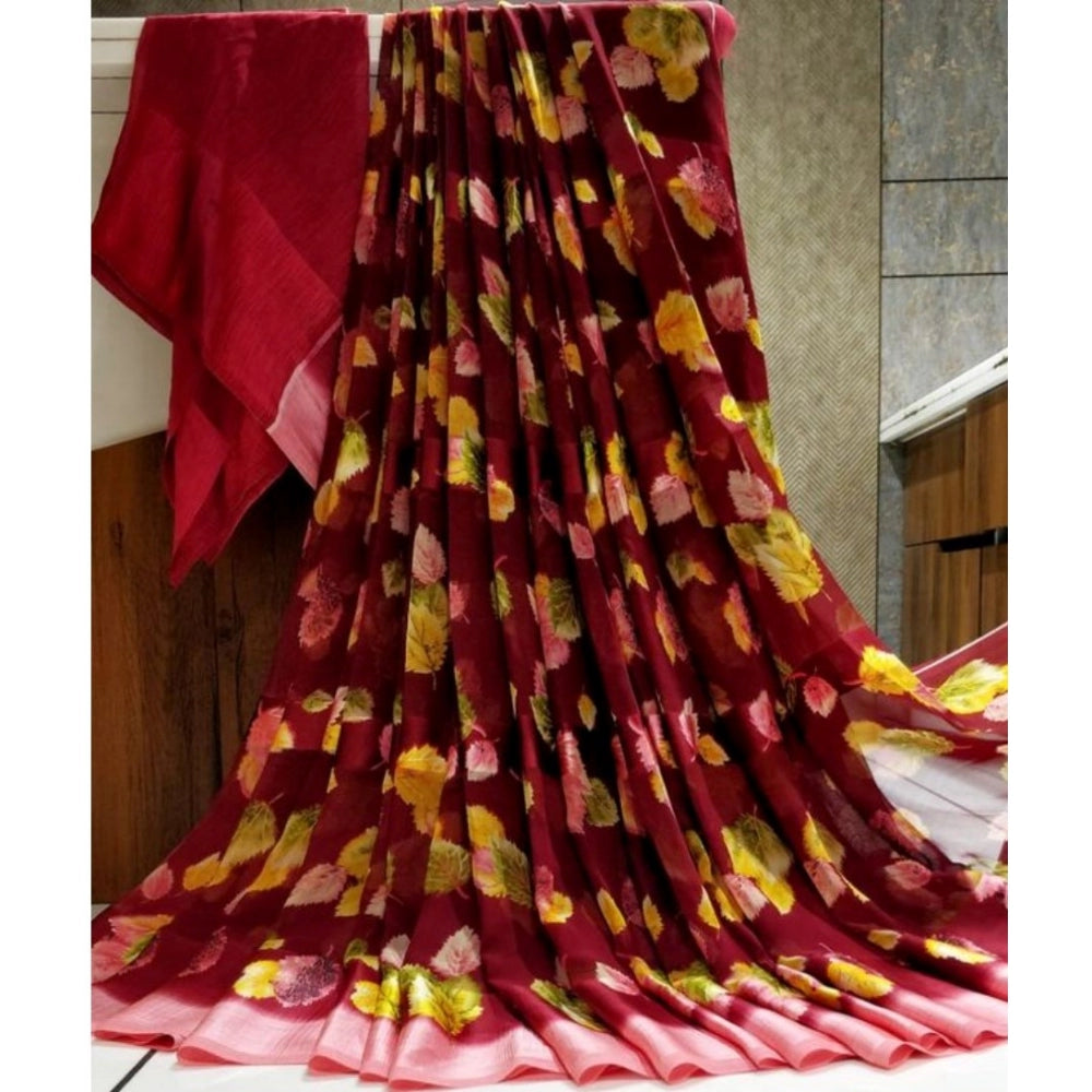 Clasymist Women's Sattin Patta Printed Saree With Unstitched Blouse (Maroon, 5-5 Mtrs)