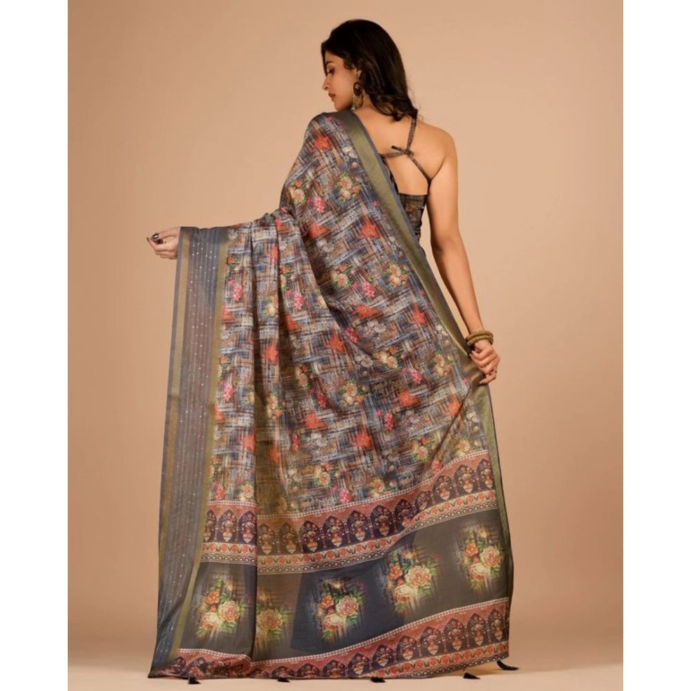 Clasymist Women's Digital Printed Saree With Unstitched Blouse (Grey, 5-5 Mtrs)