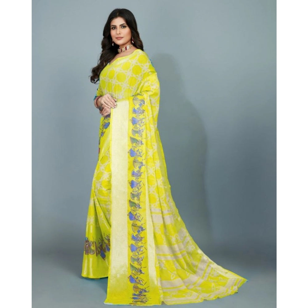 Clasymist Women's Moss Chiffon Printed Saree With Unstitched Blouse (Yellow, 5-5 Mtrs)