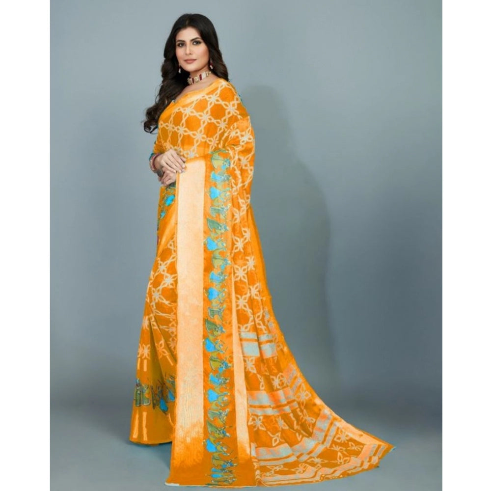 Clasymist Women's Moss Chiffon Printed Saree With Unstitched Blouse (Orange, 5-5 Mtrs)