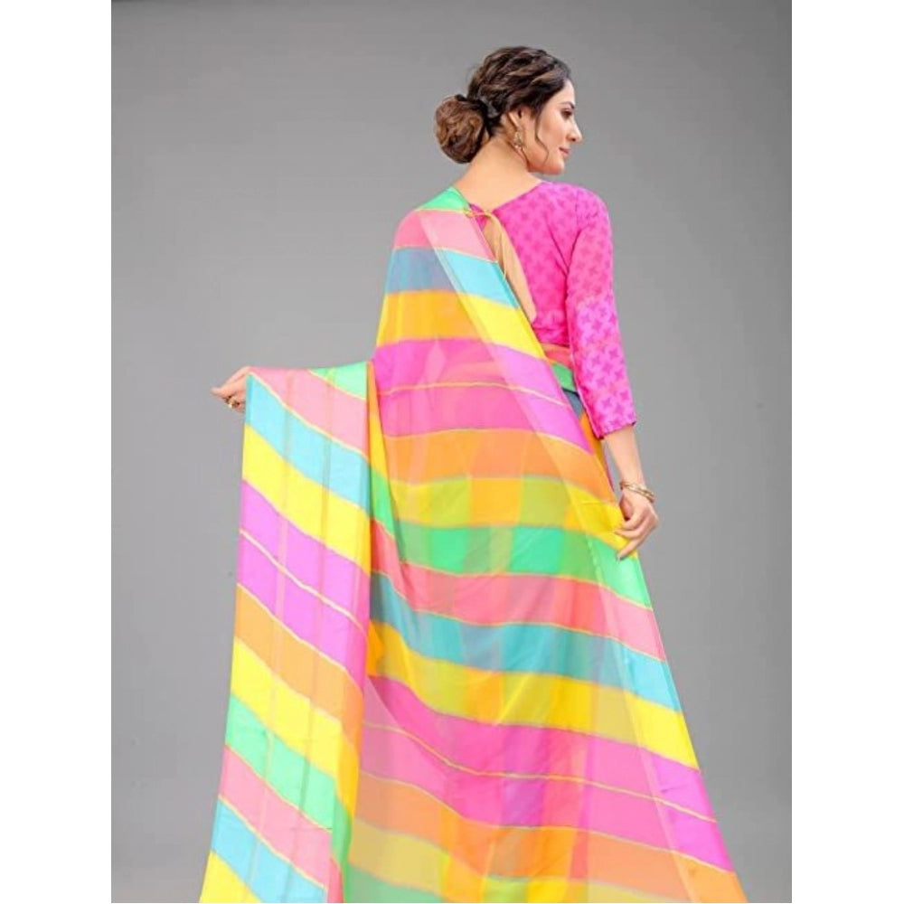 Clasymist Women's Sattin Patta Striped Saree With Unstitched Blouse (Pink, 5-5 Mtrs)