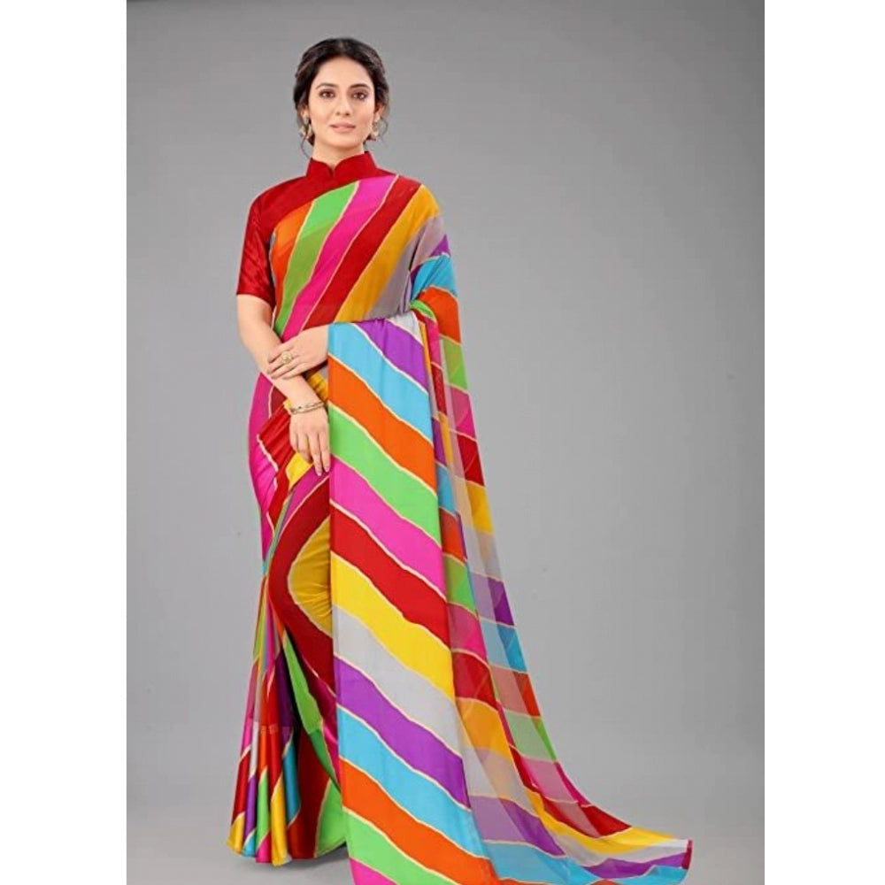 Clasymist Women's Sattin Patta Striped Saree With Unstitched Blouse (Red, 5-5 Mtrs)