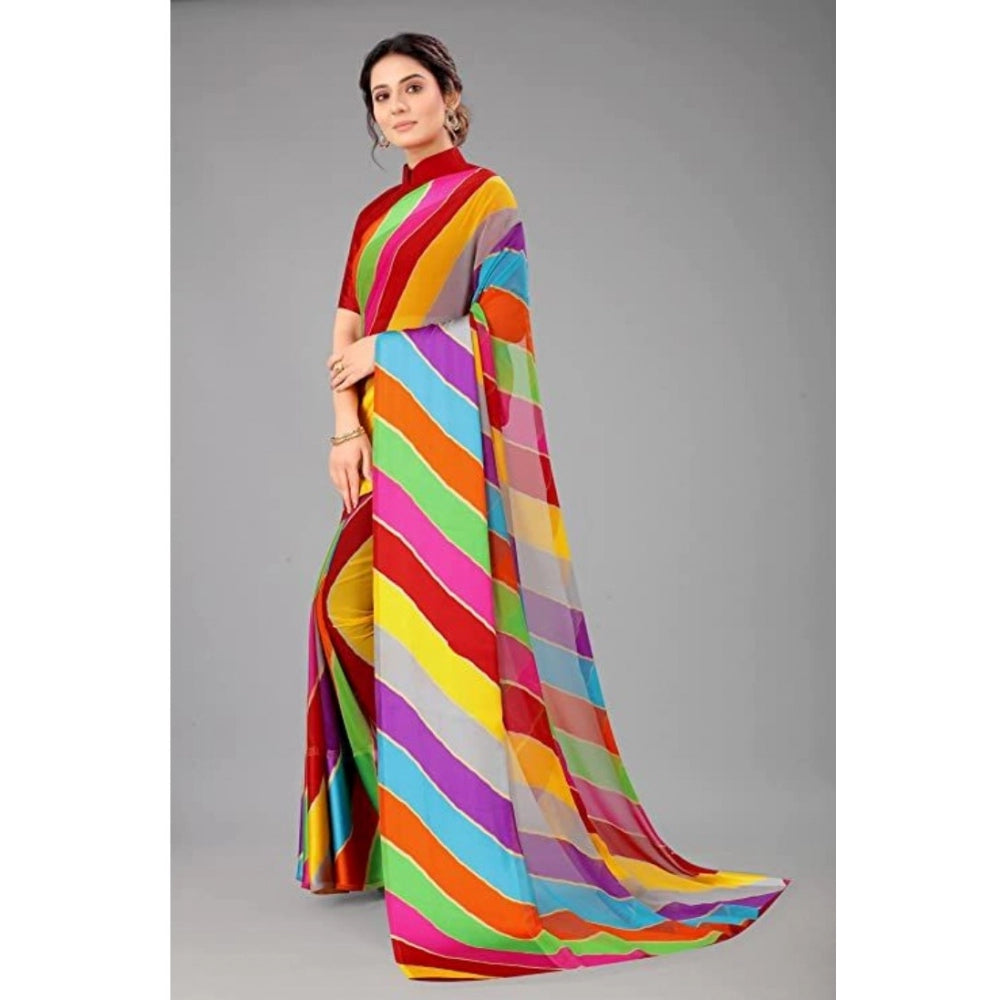 Clasymist Women's Sattin Patta Striped Saree With Unstitched Blouse (Red, 5-5 Mtrs)