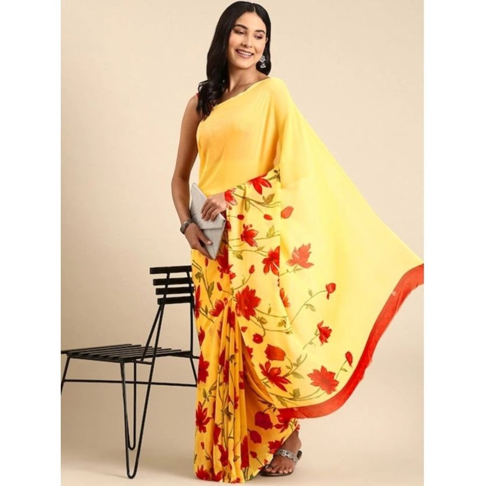 Clasymist Women's Georgette Printed Saree With Unstitched Blouse (Yellow, 5-5 Mtrs)