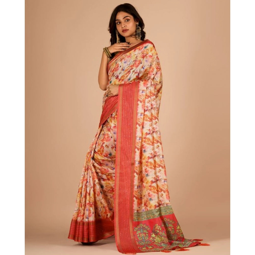 Clasymist Women's Digital Printed Saree With Unstitched Blouse (Orange, 5-5 Mtrs)