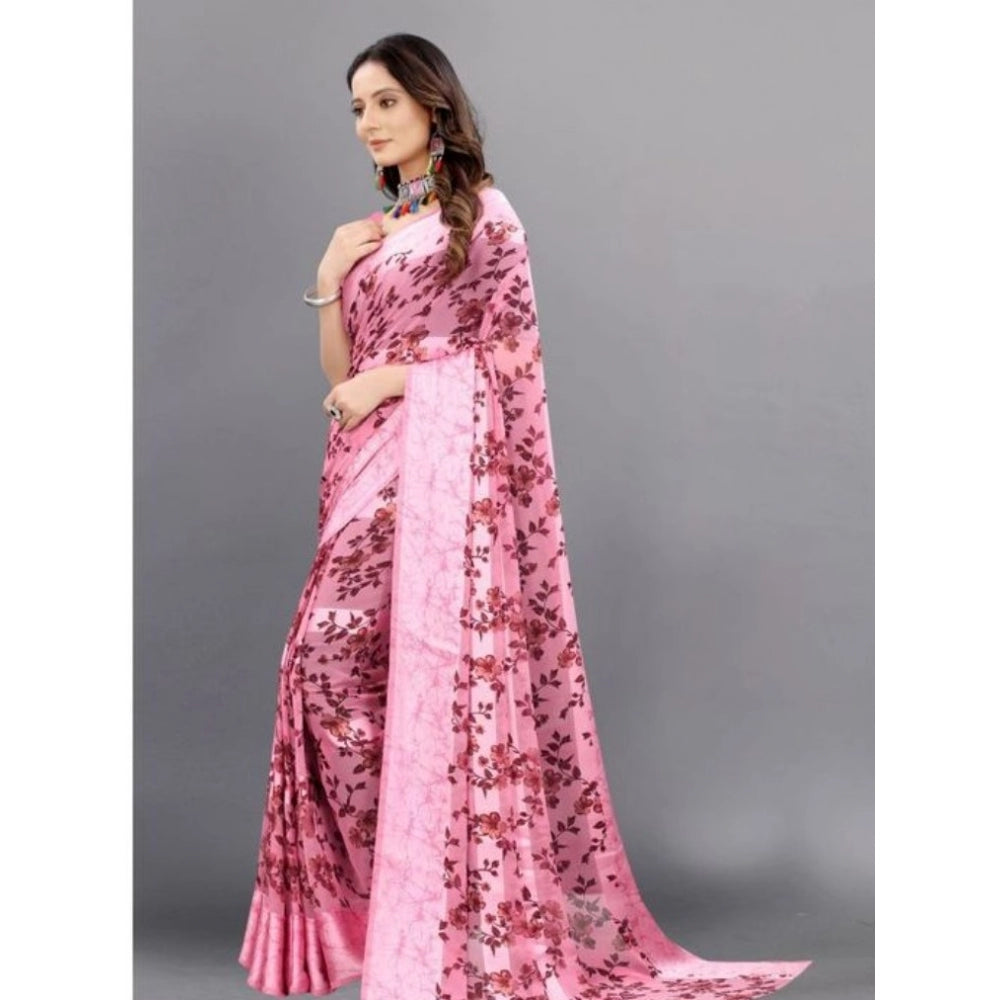 Clasymist Women's Sattin Patta Printed Saree With Unstitched Blouse (Pink, 5-5 Mtrs)