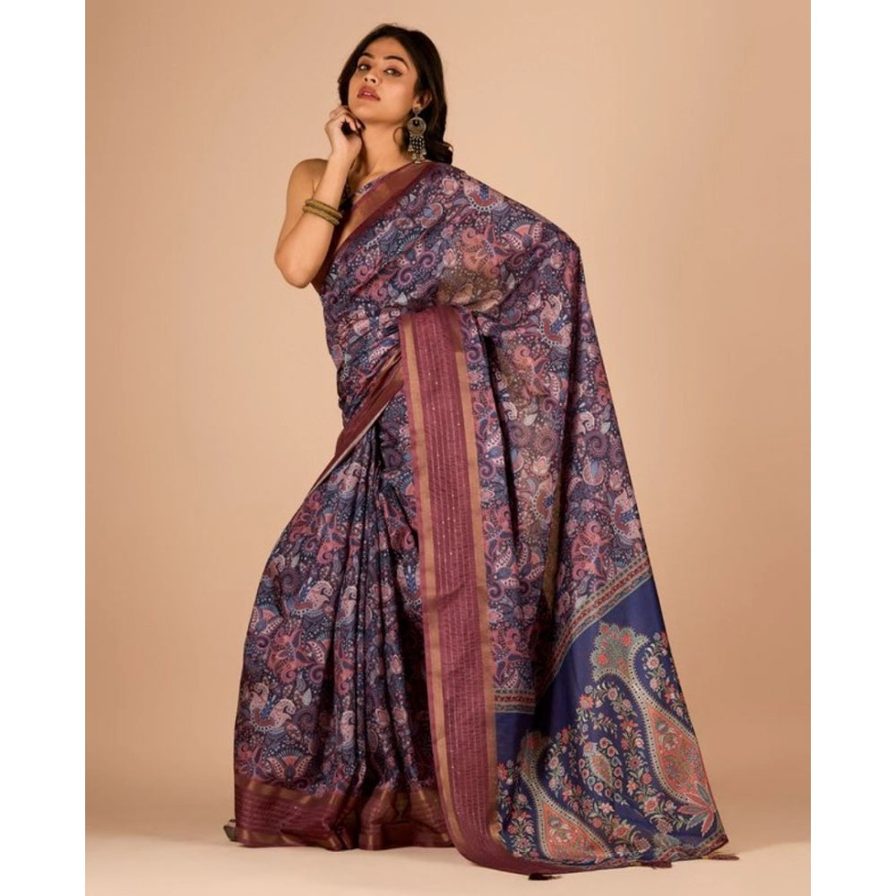 Clasymist Women's Digital Printed Saree With Unstitched Blouse (Navy, 5-5 Mtrs)