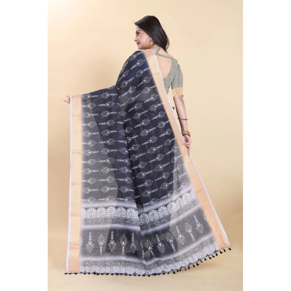 Clasymist Women's Linen Printed Saree With Unstitched Blouse (Black, 5-5 Mtrs)