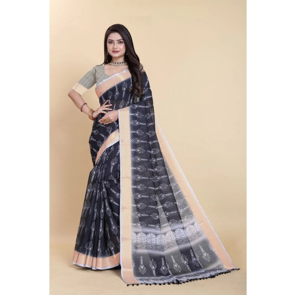 Clasymist Women's Linen Printed Saree With Unstitched Blouse (Black, 5-5 Mtrs)