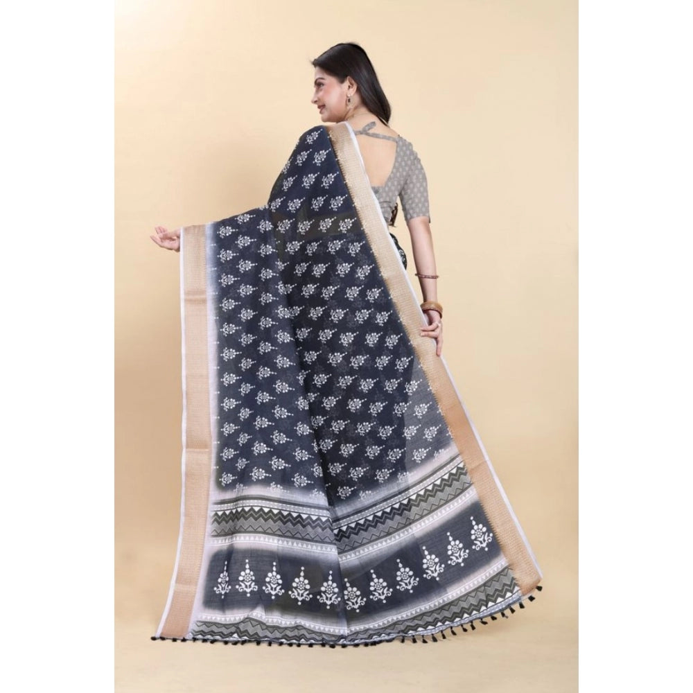 Clasymist Women's Linen Printed Saree With Unstitched Blouse (Black, 5-5 Mtrs)