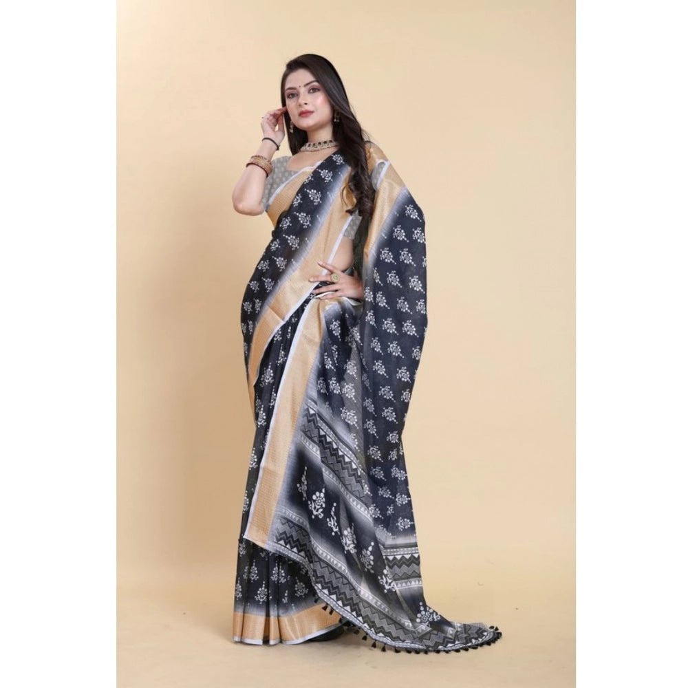 Clasymist Women's Linen Printed Saree With Unstitched Blouse (Black, 5-5 Mtrs)