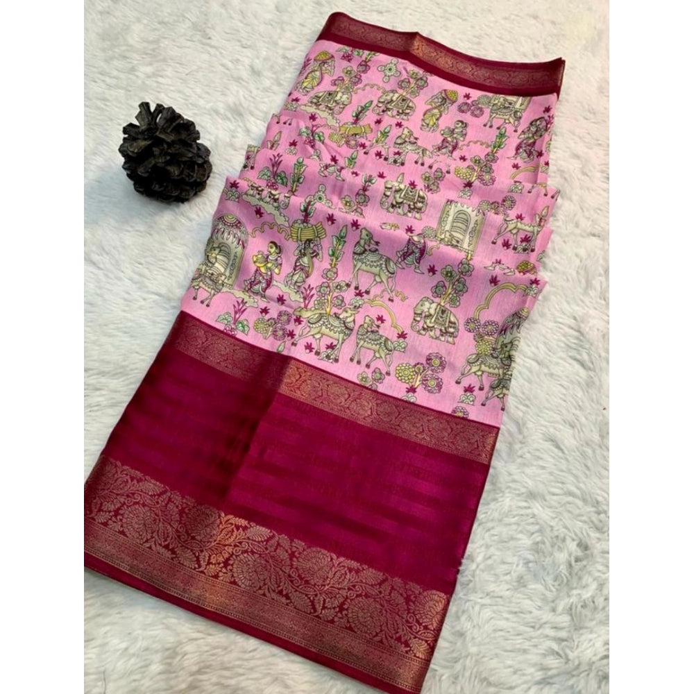 Clasymist Women's Dola Silk Printed Saree With Unstitched Blouse (Pink, 5-5 Mtrs)