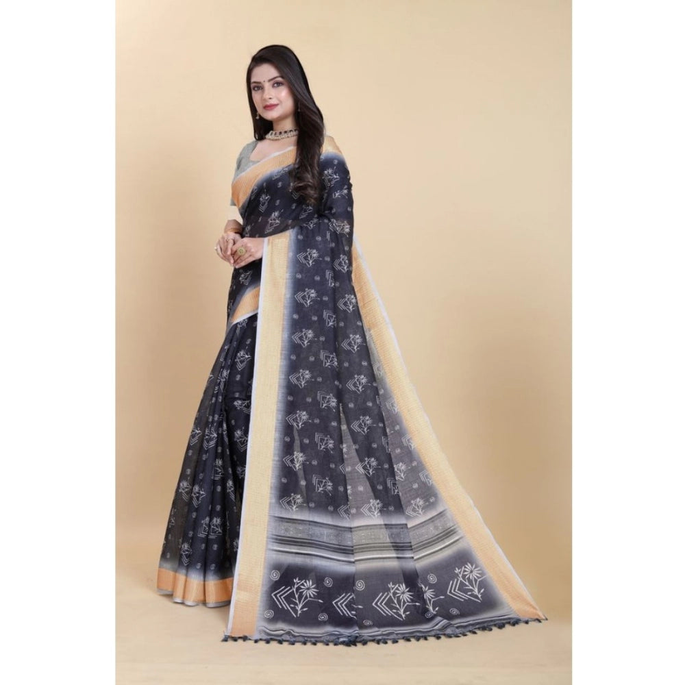 Clasymist Women's Linen Printed Saree With Unstitched Blouse (Black, 5-5 Mtrs)