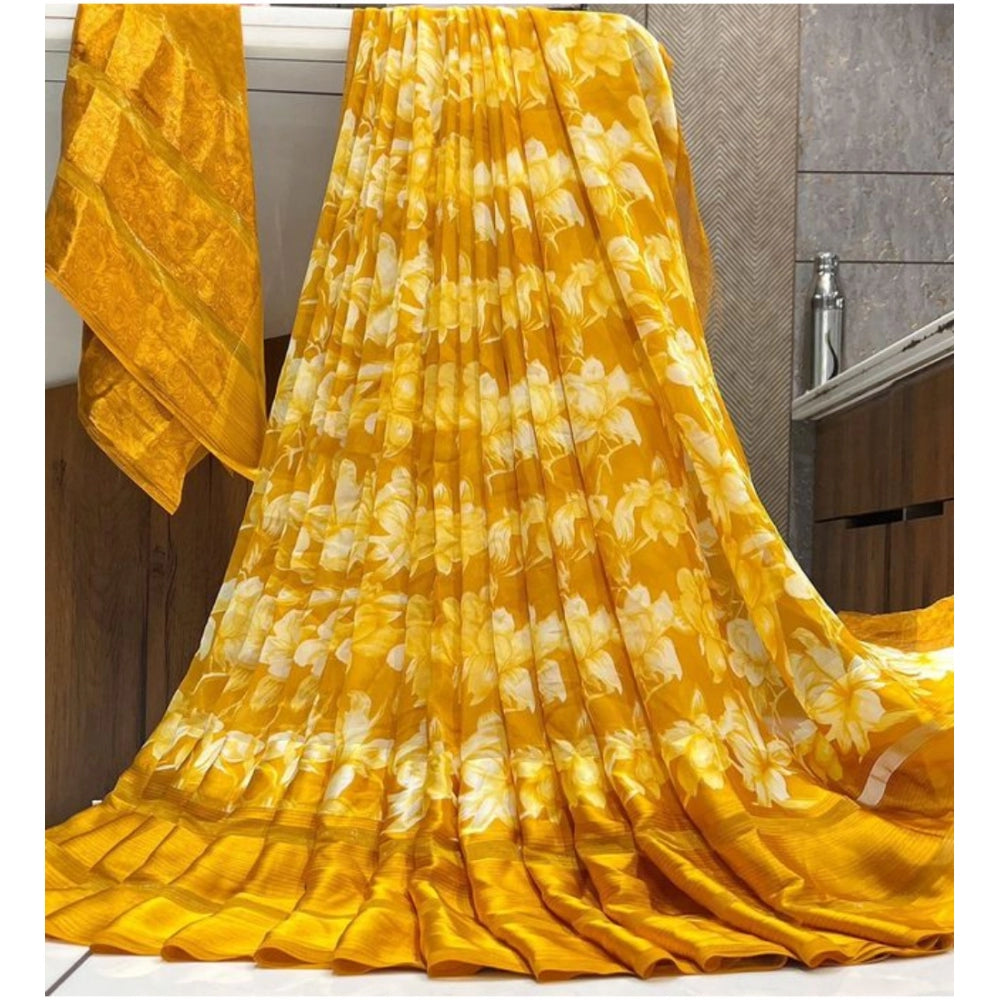 Clasymist Women's Sattin Patta Printed Saree With Unstitched Blouse (Yellow, 5-5 Mtrs)