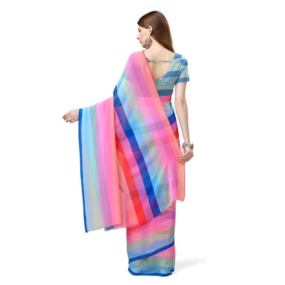 Clasymist Women's Georgette Striped Saree With Unstitched Blouse (Multicolor, 5-5 Mtrs)