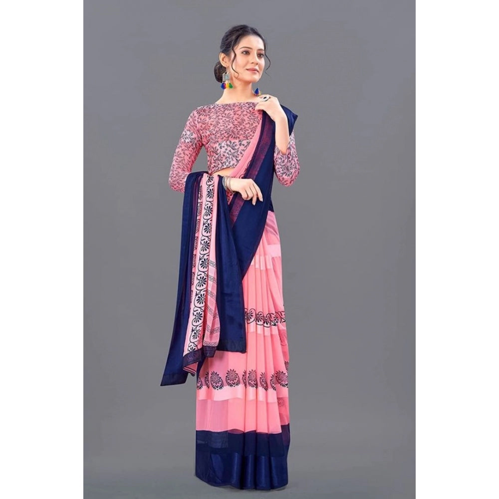 Clasymist Women's Sattin Patta Printed Saree With Unstitched Blouse (Pink, 5-5 Mtrs)