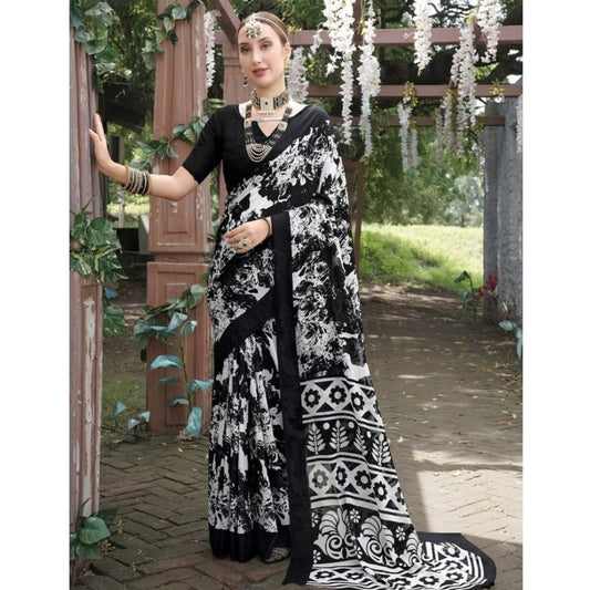 Clasymist Women's Georgette Printed Saree With Unstitched Blouse (Black, 5-5 Mtrs)