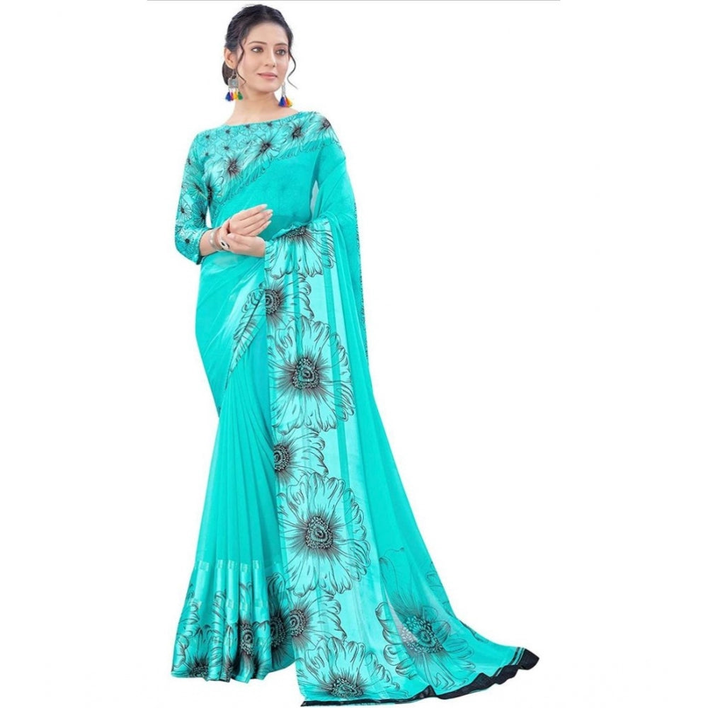 Clasymist Women's Sattin Patta Printed Saree With Unstitched Blouse (Teal, 5-5 Mtrs)