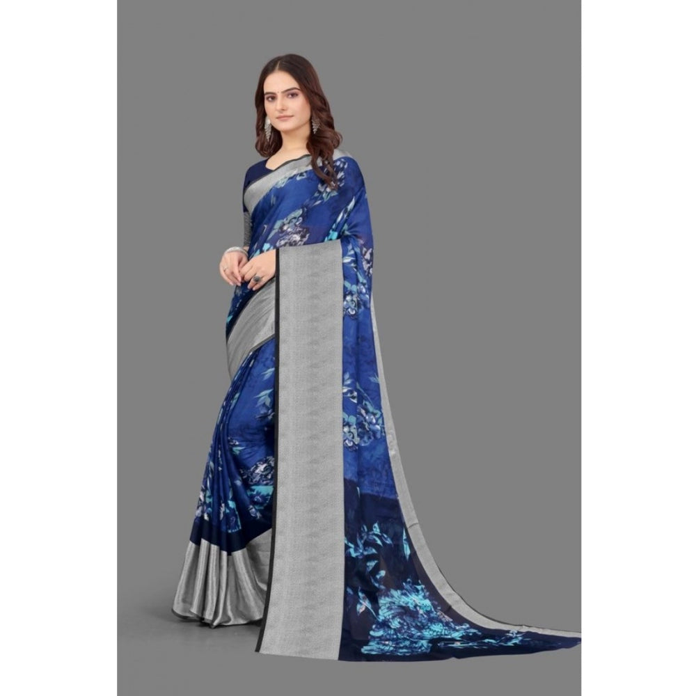 Clasymist Women's Chiffon Printed Saree With Unstitched Blouse (Blue, 5-5 Mtrs)