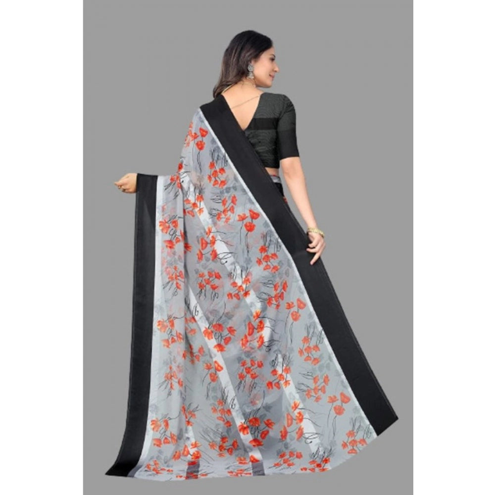 Clasymist Women's Sattin Patta Printed Saree With Unstitched Blouse (Grey, 5-5 Mtrs)