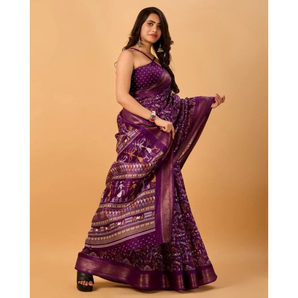 Clasymist Women's Dola Silk Printed Saree With Unstitched Blouse (Violet, 5-5 Mtrs)