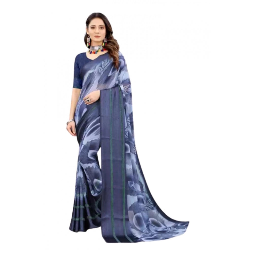 Clasymist Women's Sattin Patta Printed Saree With Unstitched Blouse (Navy Blue, 5-5 Mtrs)