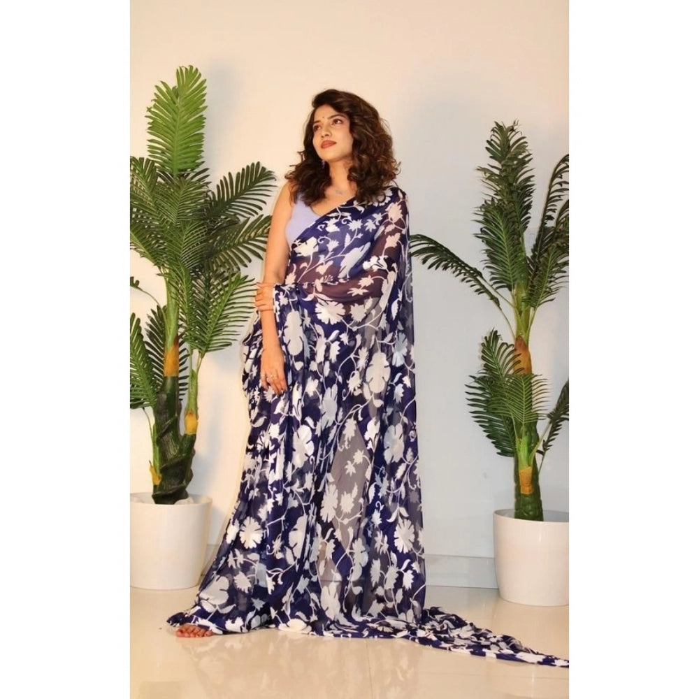 Clasymist Women's Sattin Patta Printed Saree With Unstitched Blouse (Navy, 5-5 Mtrs)