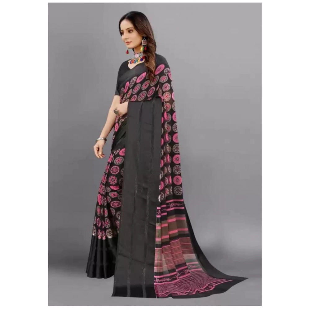 Clasymist Women's Sattin Patta Printed Saree With Unstitched Blouse (Black, 5-5 Mtrs)