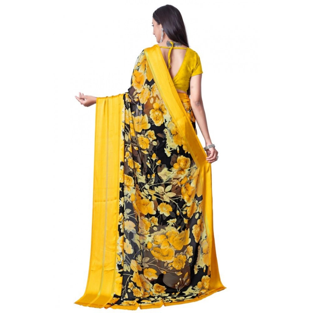 Clasymist Women's Sattin Patta Printed Saree With Unstitched Blouse (Yellow, 5-5 Mtrs)