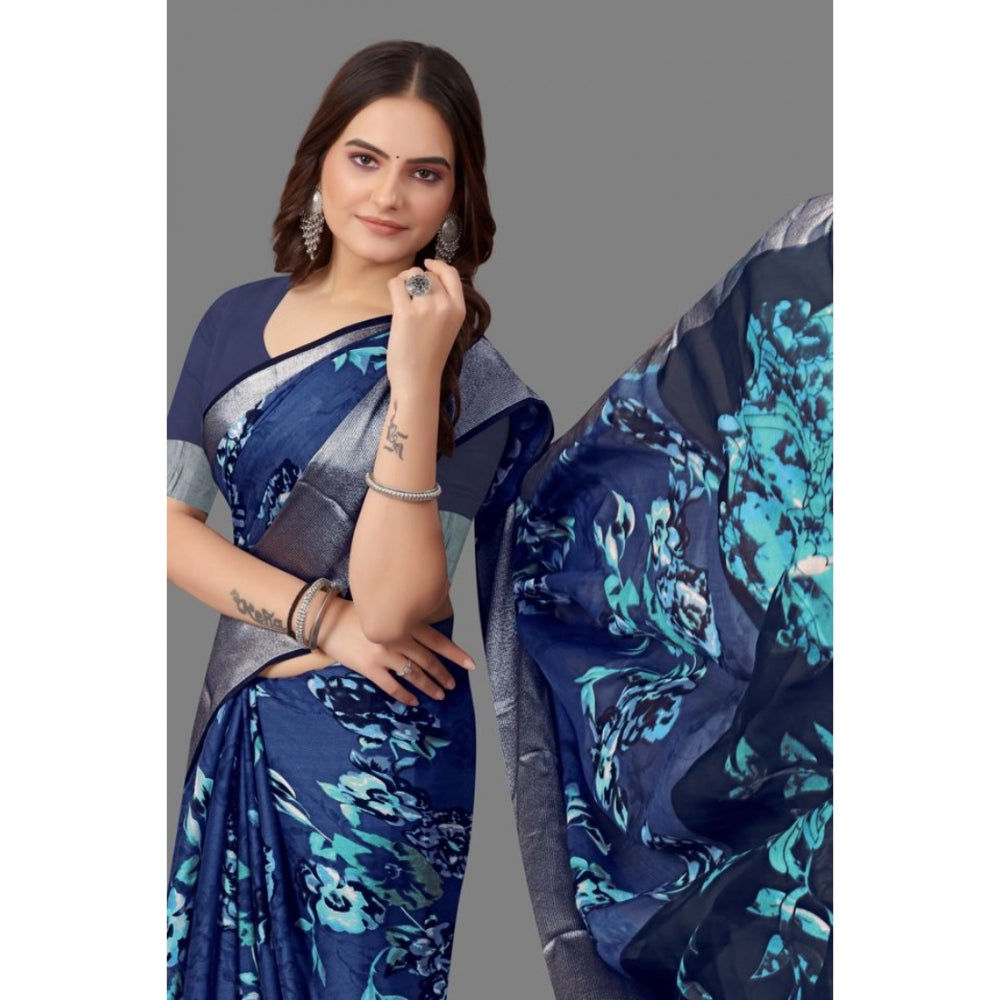 Clasymist Women's Chiffon Printed Saree With Unstitched Blouse (Navy Blue, 5-5 Mtrs)