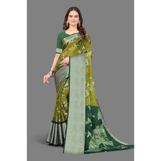 Clasymist Women's Chiffon Printed Saree With Unstitched Blouse (Mehendi, 5-5 Mtrs)