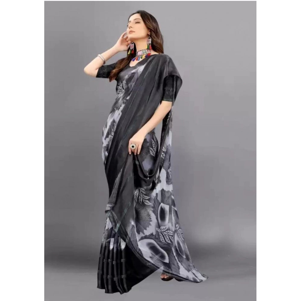 Clasymist Women's Sattin Patta Printed Saree With Unstitched Blouse (Black, 5-5 Mtrs)