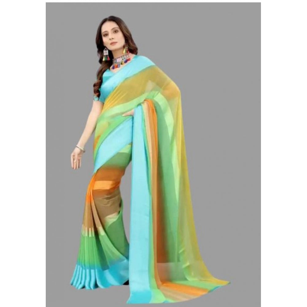 Clasymist Women's Sattin Patta Striped Saree With Unstitched Blouse (Blue, 5-5 Mtrs)