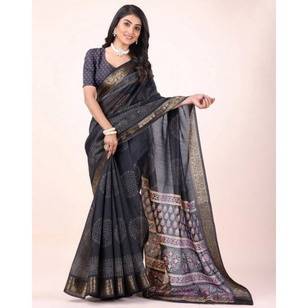 Clasymist Women's Cotton Printed Saree With Unstitched Blouse (Black, 5-5 Mtrs)