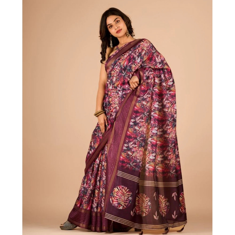 Clasymist Women's Digital Printed Saree With Unstitched Blouse (Wine, 5-5 Mtrs)