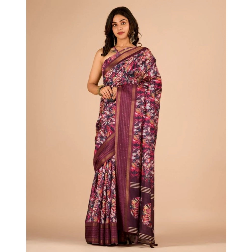 Clasymist Women's Digital Printed Saree With Unstitched Blouse (Wine, 5-5 Mtrs)