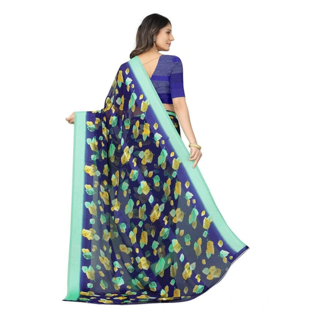 Clasymist Women's Sattin Patta Printed Saree With Unstitched Blouse (Blue, 5-5 Mtrs)