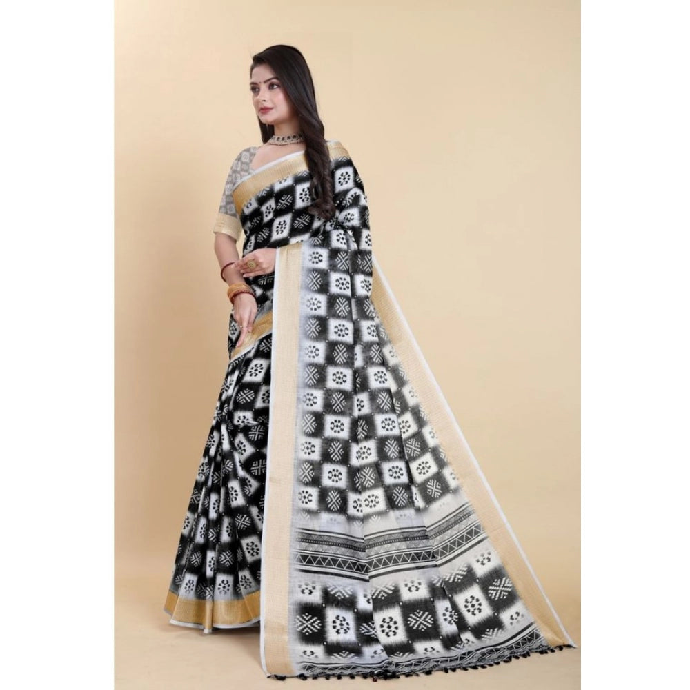 Clasymist Women's Linen Printed Saree With Unstitched Blouse (Black, 5-5 Mtrs)