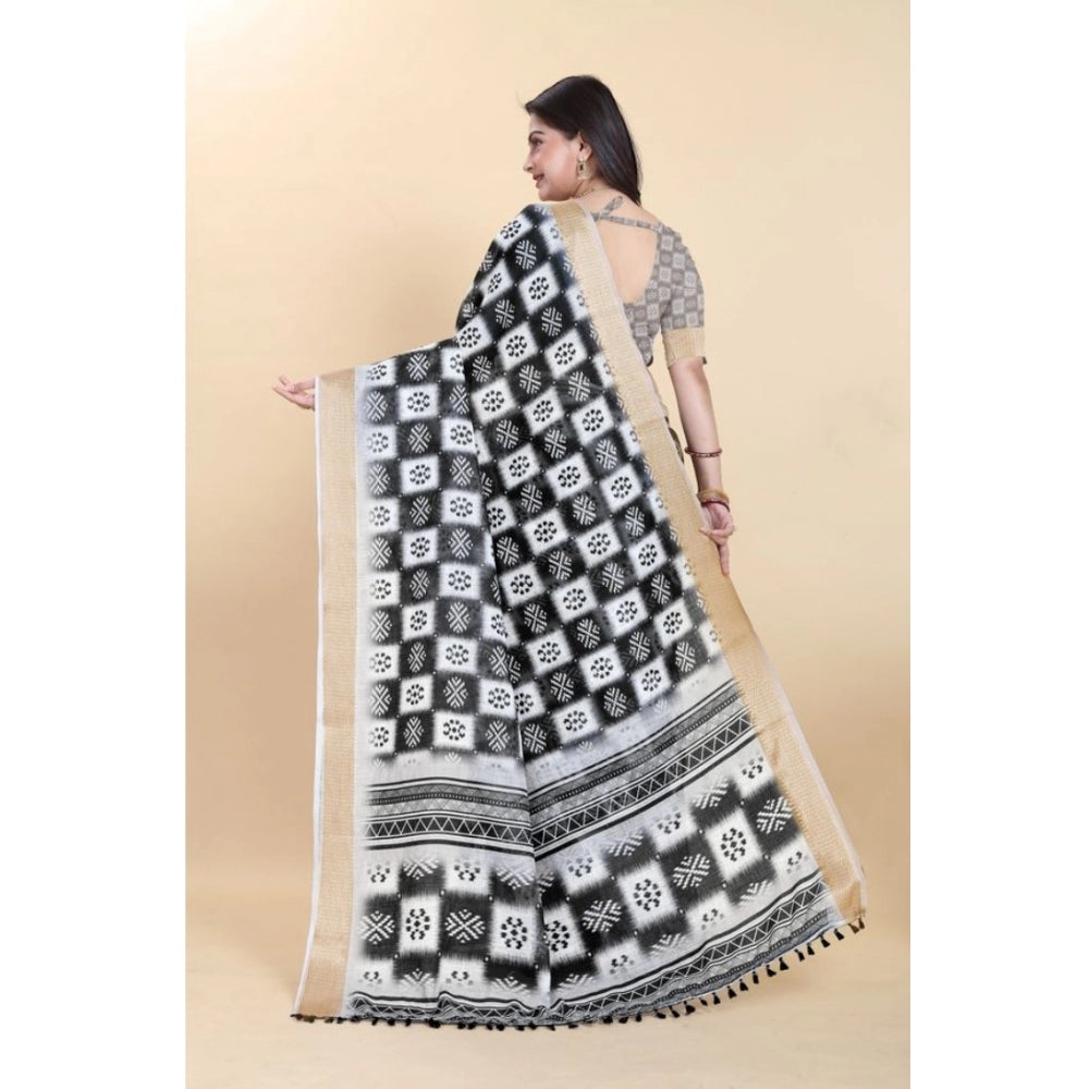 Clasymist Women's Linen Printed Saree With Unstitched Blouse (Black, 5-5 Mtrs)