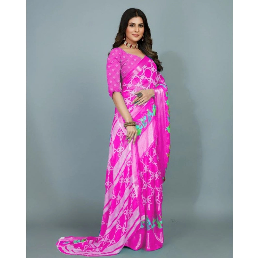 Clasymist Women's Moss Chiffon Printed Saree With Unstitched Blouse (Pink, 5-5 Mtrs)