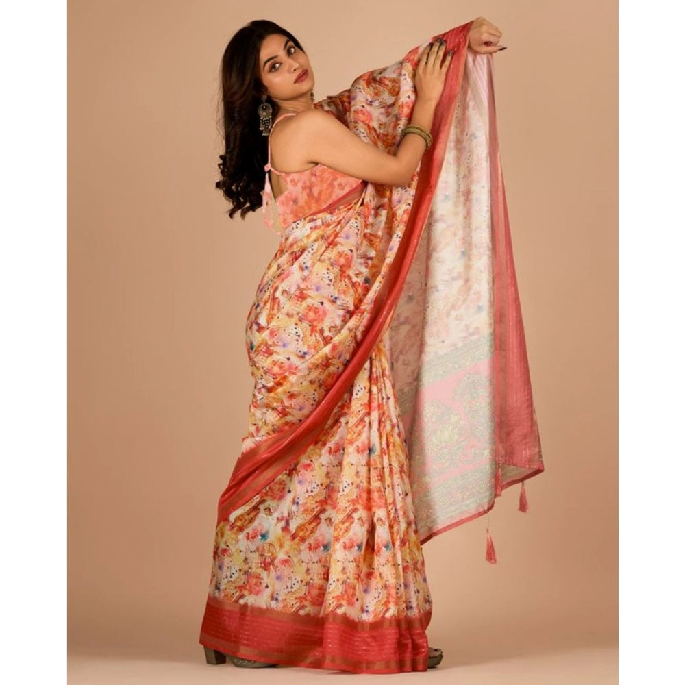 Clasymist Women's Digital Printed Saree With Unstitched Blouse (Orange, 5-5 Mtrs)