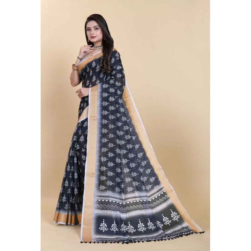 Clasymist Women's Linen Printed Saree With Unstitched Blouse (Black, 5-5 Mtrs)