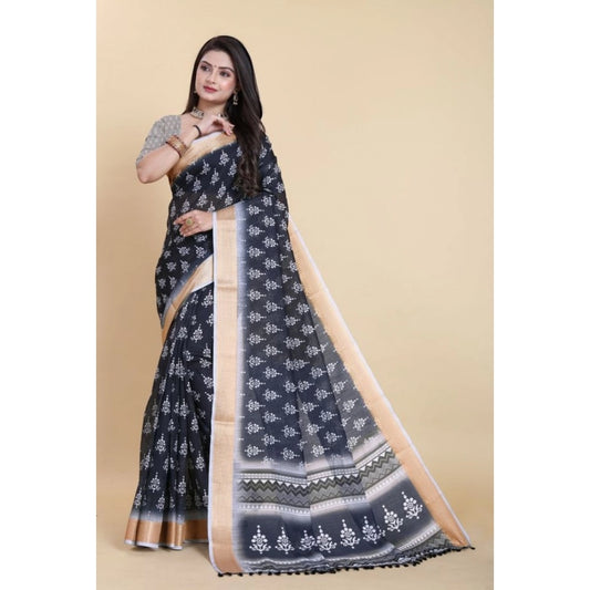 Clasymist Women's Linen Printed Saree With Unstitched Blouse (Black, 5-5 Mtrs)