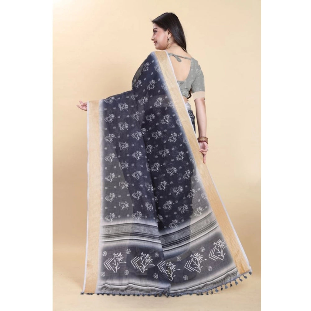 Clasymist Women's Linen Printed Saree With Unstitched Blouse (Black, 5-5 Mtrs)